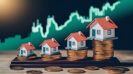 Realistic Illustration of Property Market Growth with Red-Roofed Houses on Golden Coins and Rising Stock Chart