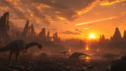 Naklejka premium Dinosaurs Roaming a Dramatic Prehistoric Landscape with a Fiery Meteor and Glowing Sunset