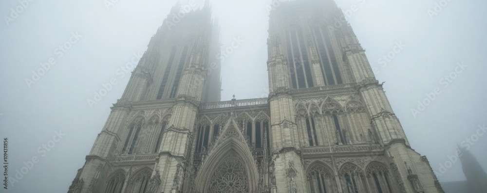Poster a foggy view of a grand cathedral with towering spires and intricate architecture.