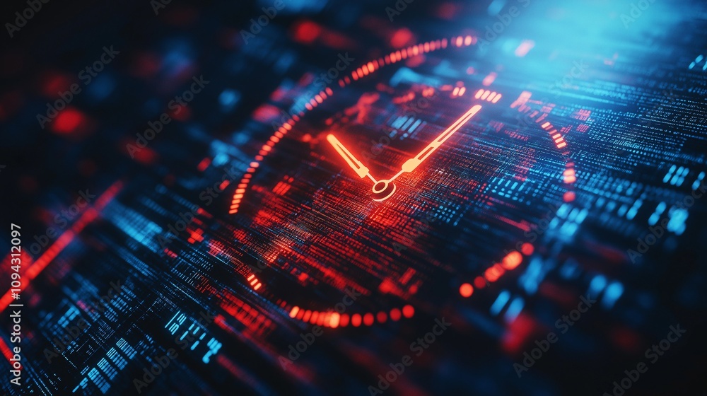 Poster digital clock countdown: futuristic clock interface with glowing red and blue digital elements. abst