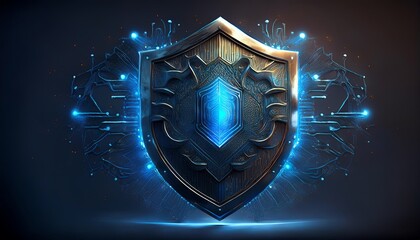 Fototapeta premium A futuristic shield design with a glowing blue emblem, surrounded by digital circuitry, symbolizing protection and technology.