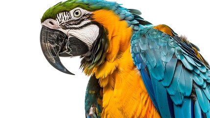 Fototapeta premium A vibrant macaw parrot with bold colors, isolated on a white background.