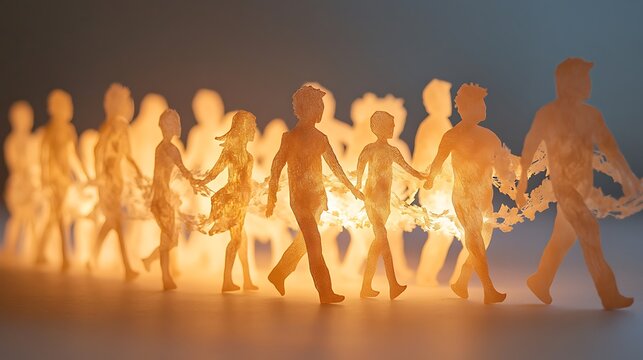 Illuminated paper cutout parade creative studio artistic display warm ambiance close-up view community representation