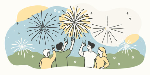 Fototapeta premium Minimalist Line Art Of Massive New Year fireworks display lighting up the night sky with people celebrating and capturing memories.