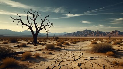 A barren desert plain stretches out before you, the cracked earth beneath your feet a testament to the harshness of this land. In the distance, dry grass and twisted trees cling to life, their gnarled