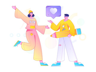 Virtual characters social communication concept business flat vector hand drawn illustration
