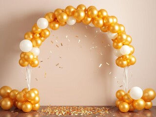 A gold balloon archway with confetti falling gently from the top, archway decoration, festive atmosphere