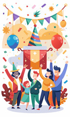 Obraz premium New Year’s festive party celebration with a massive banner hanging, people cheering and decorating with streamers and confetti in a gradient gold and white backdrop