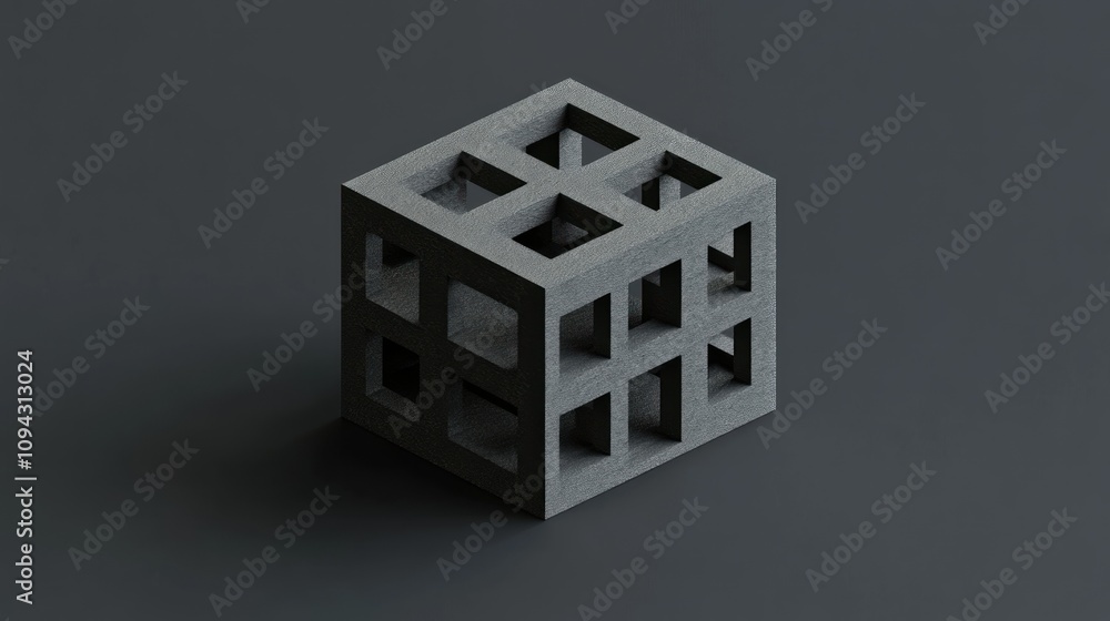 Poster abstract gray cube with inner square cutouts, isolated on dark background.
