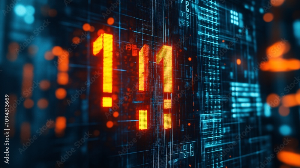 Poster digital emergency: 1111 error code glows ominously on a futuristic technological background, symboli