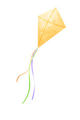 Watercolor yellow kite with ribbons of different colors. Vector  illustration