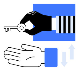 Hand holding key above another hand with arrows indicating an exchange. Ideal for concepts of security, transaction, trust, ownership, collaboration, responsibility, investment. Line metaphor