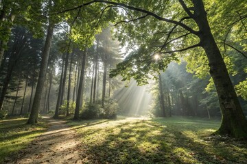 Sunlight filtering through trees on a forest floor, foliage, light and shadow