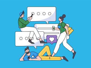 Virtual characters social communication concept business flat vector hand drawn illustration
