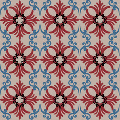 Red and blue floral embroidery, motif ethnic ikat seamless textile illustration, print striped ornament, pattern, design for wrapping, silk, scarf, clothing, textile, carpets, curtains.