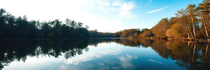 Obraz premium A peaceful scene of a calm lake reflecting the surrounding trees and sky, serene atmosphere, soothing scene