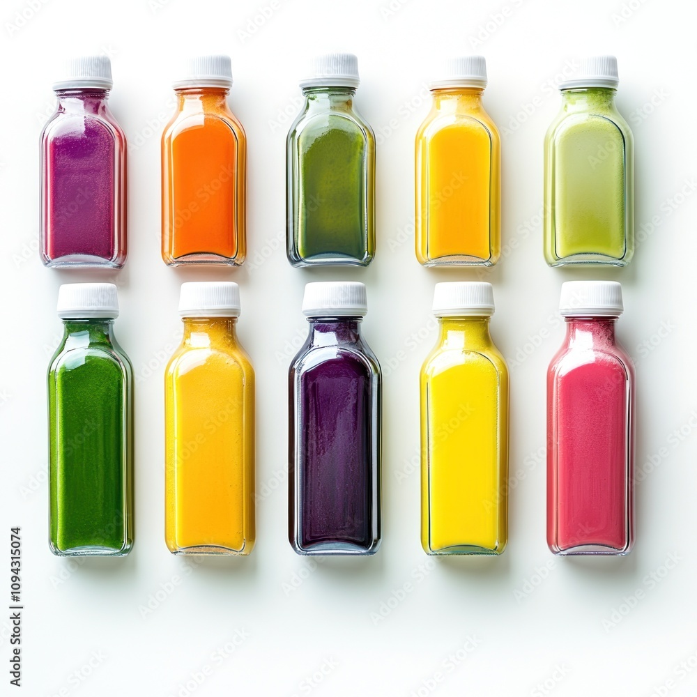 Poster a collection of colorful juice bottles arranged in two rows on a white background.
