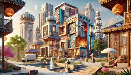 Fototapeta premium A detailed modern urban-style illustration with vibrant elements. Ideal for advertising, design projects, and educational materials. Suitable for both print and digital use.