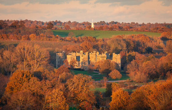 Bodiam castle during autumn from the high weald east Sussex south east England UK