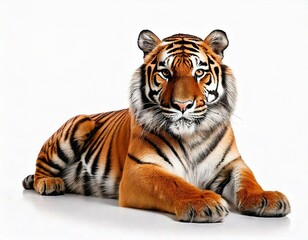 Fototapeta premium Tiger lying down isolated on white. Majestic Bengal Tiger Lying on White Background