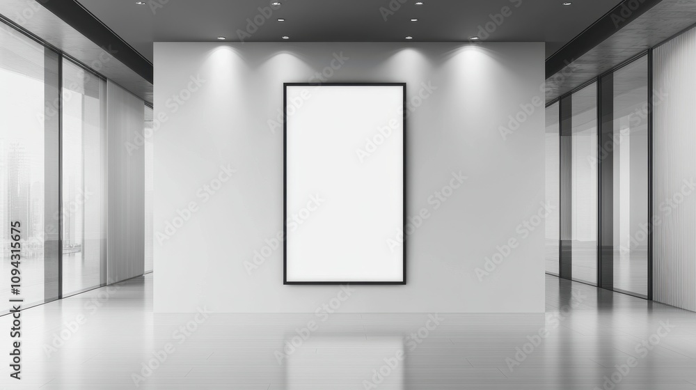 Poster a minimalist gallery space featuring an empty frame on a clean wall.