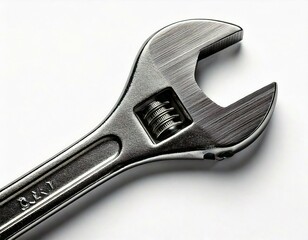 Silver wrench isolated on white background. A shiny silver wrench icon, realistic with textured details and shadows, ideal for tool or repair themes, on white.