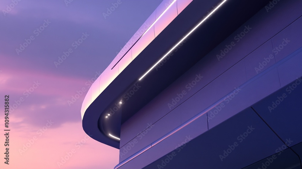 Poster a modern architectural structure with sleek lines and ambient lighting against a twilight sky.