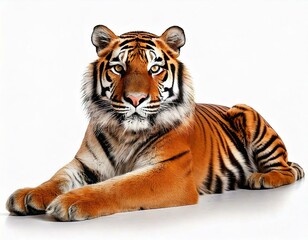 Obraz premium Tiger lying down isolated on white. Majestic Bengal Tiger Lying on White Background