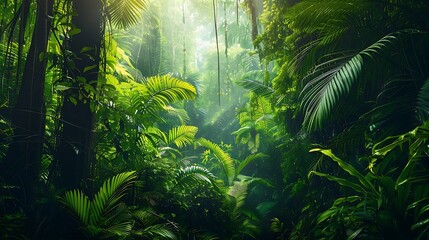 A vibrant tropical jungle with towering trees and rich green foliage.