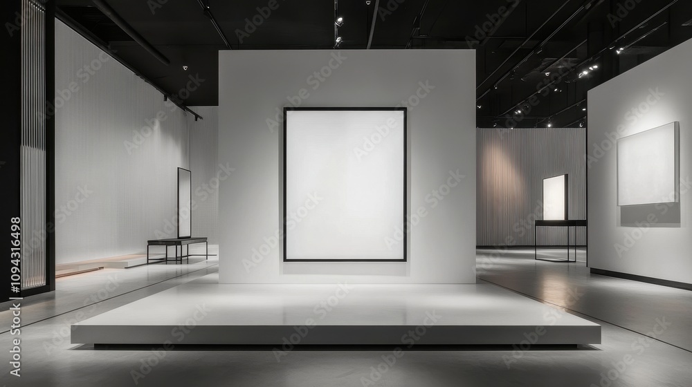 Poster a minimalist art gallery with blank canvases on display, emphasizing simplicity and space.