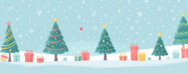 Christmas or New Year theme with Christmas trees and snow falling in a pastel blue and green background.