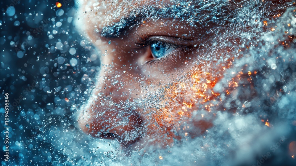 Poster dynamic close-up of a person's eye surrounded by splashes of water and light particles in a vibrant 