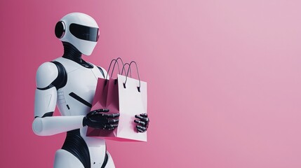 Robot Holding Shopping Bags  AI  E commerce  Pink Background