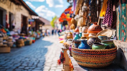Fototapeta premium Local vendors display colorful handmade pottery and woven baskets under a sunny sky in Bosnia