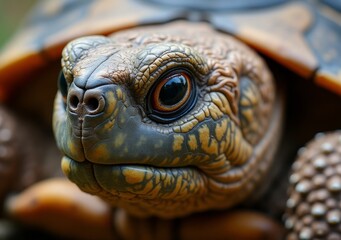 Obraz premium Close-up view of a tortoise revealing its intricate shell patterns and facial features