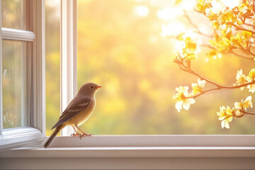 Fototapeta premium Sparrow Resting on a Sunlit Windowsill with Blossoming Branches