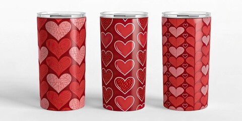 The red heart pattern is carefully arranged to create a sense of depth and dimension on the tumbler wrap, textured effect, modern design