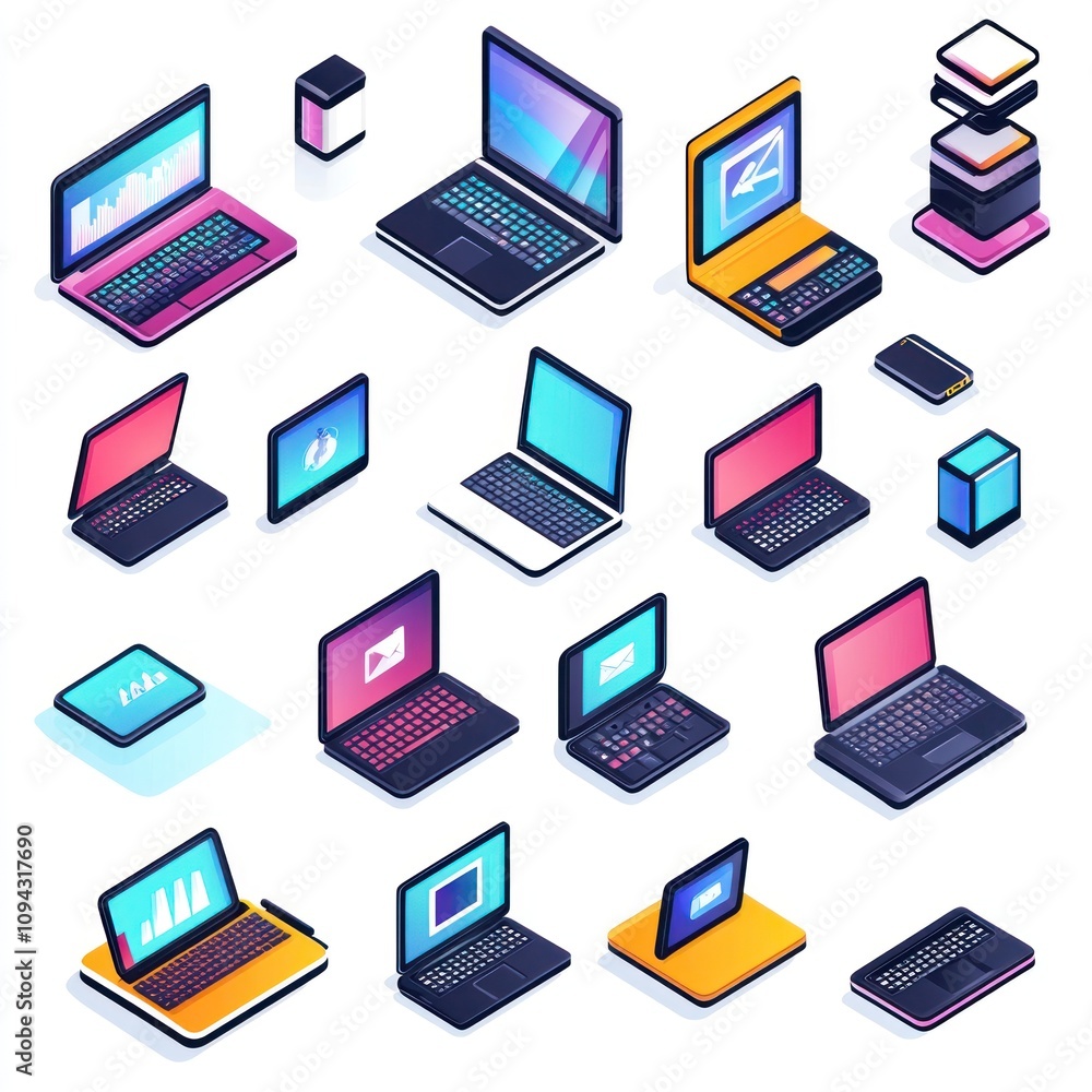 Poster a collection of isometric laptops and devices showcasing technology and data visualization.