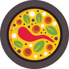 Delicious and aromatic dish is being seasoned with a bright red chili pepper, herbs, and spices