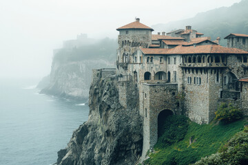 Naklejka premium Majestic Castle on a Cliff in Misty Weather