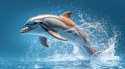 Obraz premium Playful Dolphin Leaping with Swimming Goggles Clean White Background
