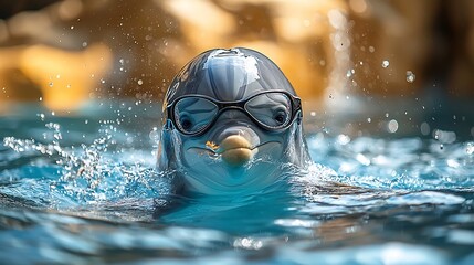 Playful Dolphin Leaping with Swimming Goggles in Clean Water