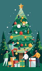 Massive festive tree adorned with lights, ornaments, and a star, with people decorating and wrapping gifts, creating a festive holiday atmosphere.
