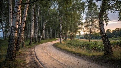 A winding dirt pathway under the canopy of a summer birch grove at dusk, , tree cover, woodland path
