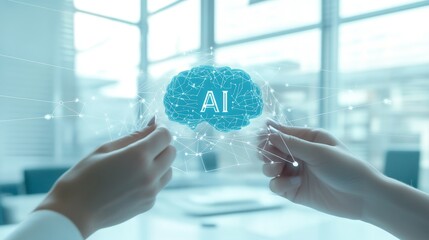 Concept of ai technology with human interaction and digital brain in futuristic office setting.