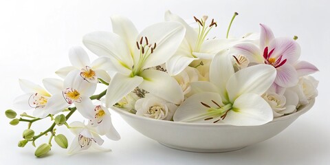 White lily and orchid flowers in a bowl, decorative, bowl