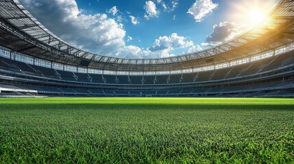 Modern Stadium with Green Soccer Field and Clear Sky on Sunny Day