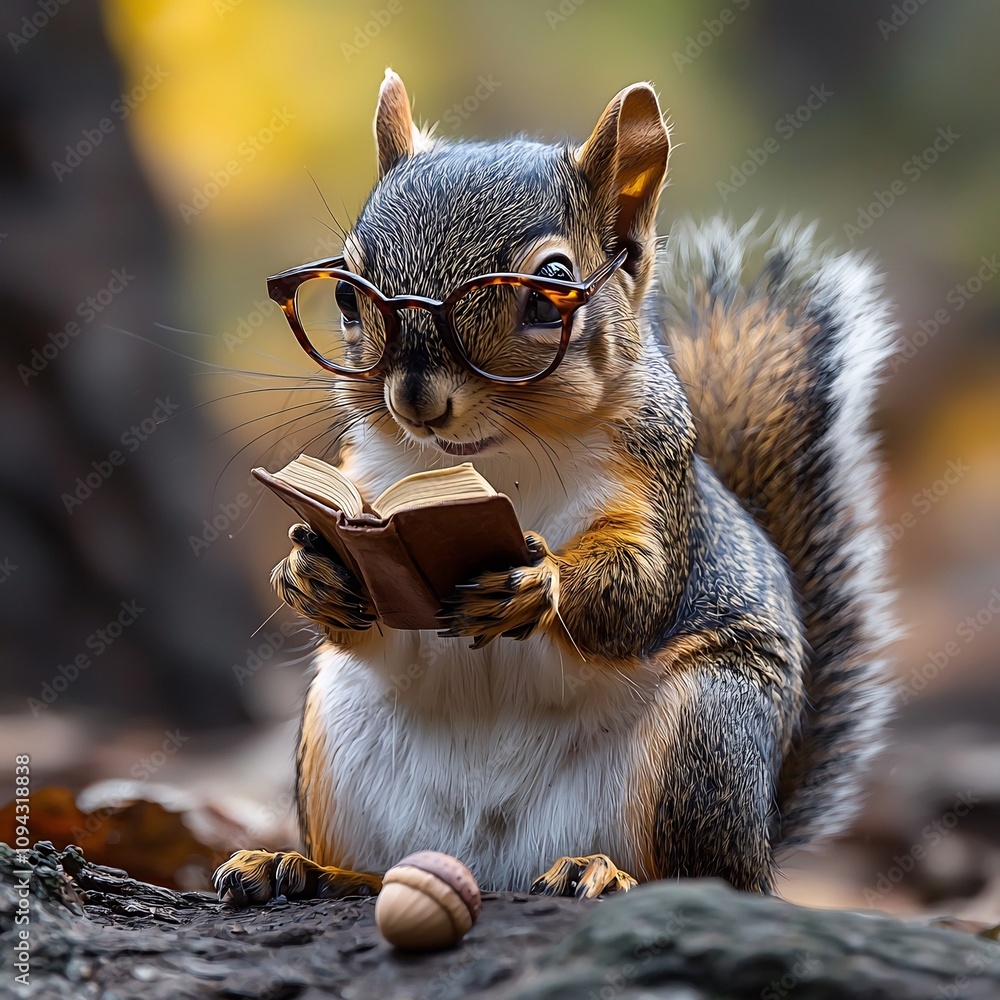 Poster studious squirrel in glasses holding tiny acorn on clean backdrop