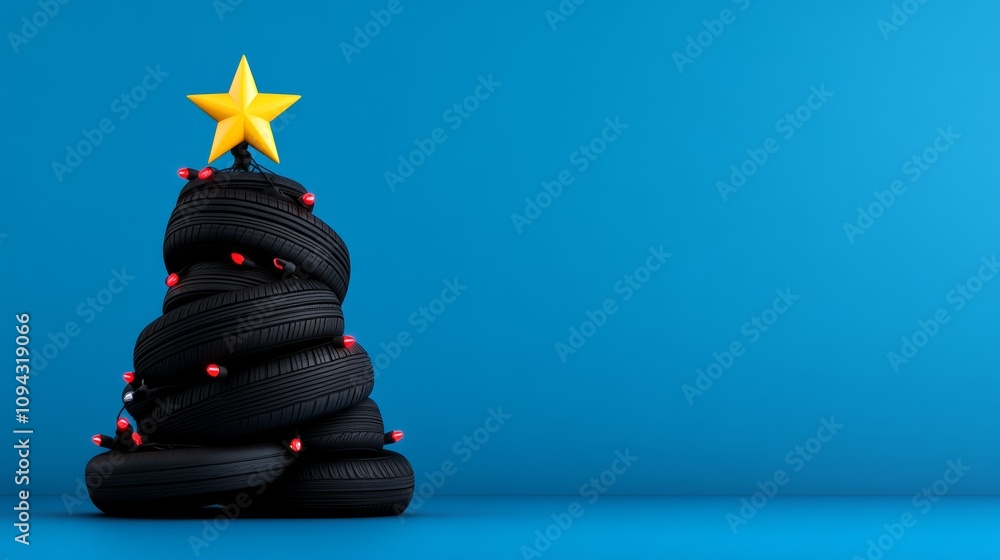 Poster tire tree with a star on top. the tires are stacked on top of each other and the star is on top of t