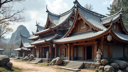 Fototapeta premium Traditional Asian Architecture Featuring Intricate Wooden Structures Surrounded by Boulders and Landscapes in a Serene Environment